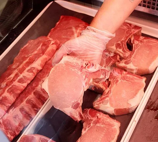 Top view fresh meat slices raw meat with greens and tomatoes